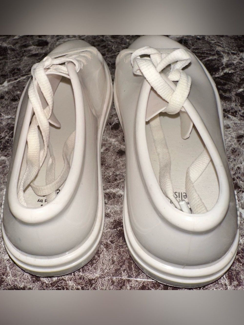 White Lacquered Rubber Ballet Flats with Lace Ties by Melissa